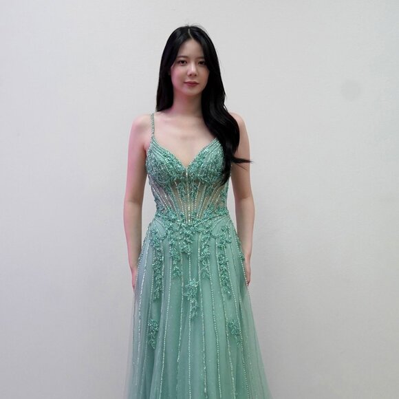 New Beaded Glamorous Long Tulle Gown w/ V-Neck & Sheer Boned Bodice JT2710T - Picture 1 of 8